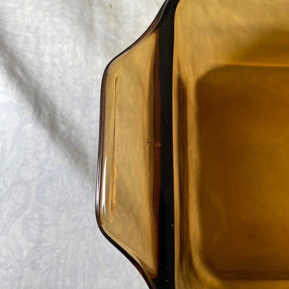 Anchor Hocking 441 Amber Glass Loaf Pan w Woven Basket Cradle 11